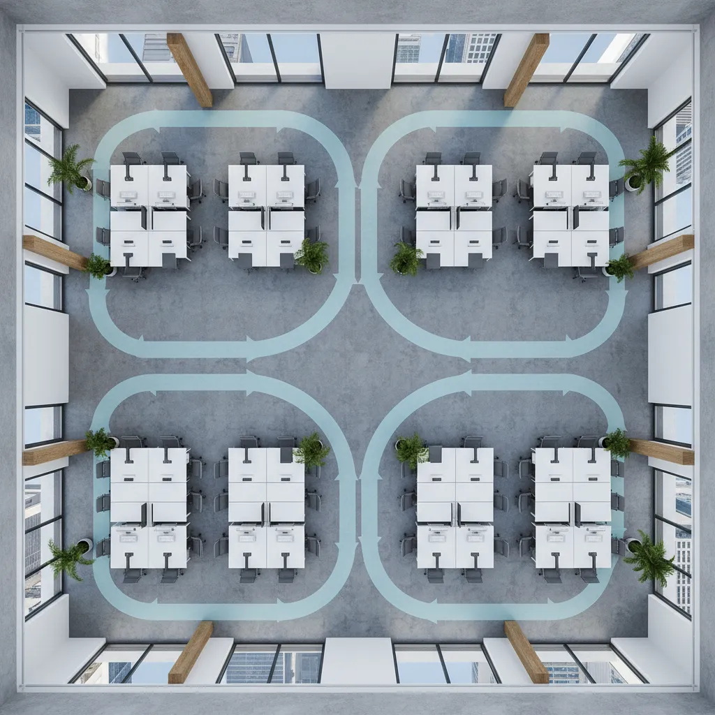 Top view office layout showing white desks with blue arrows to show clear walking path movement