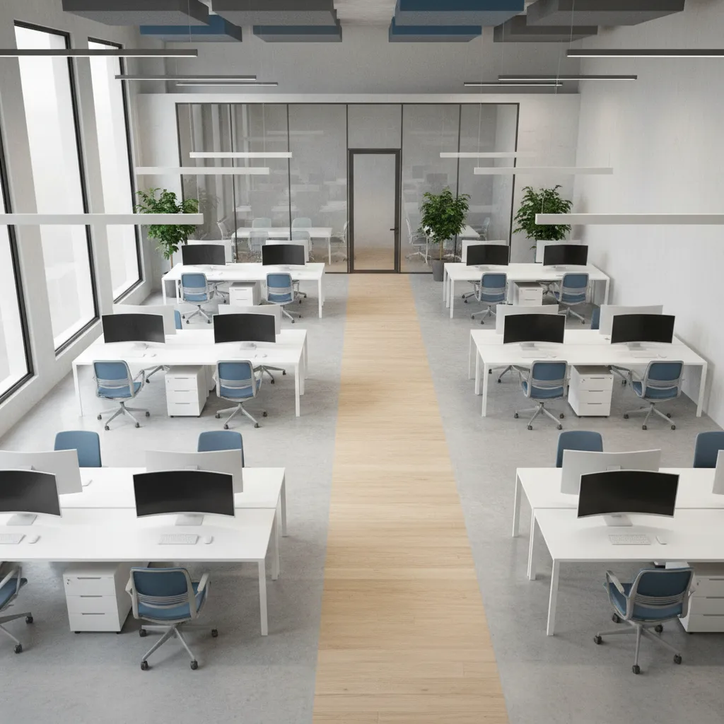 office floor layout showing clear walkways between desks and meeting rooms