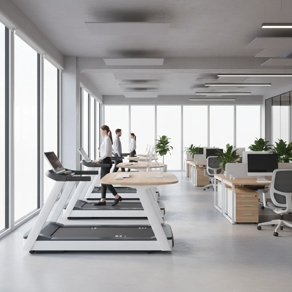 Walking treadmill desks in a modern office workspace