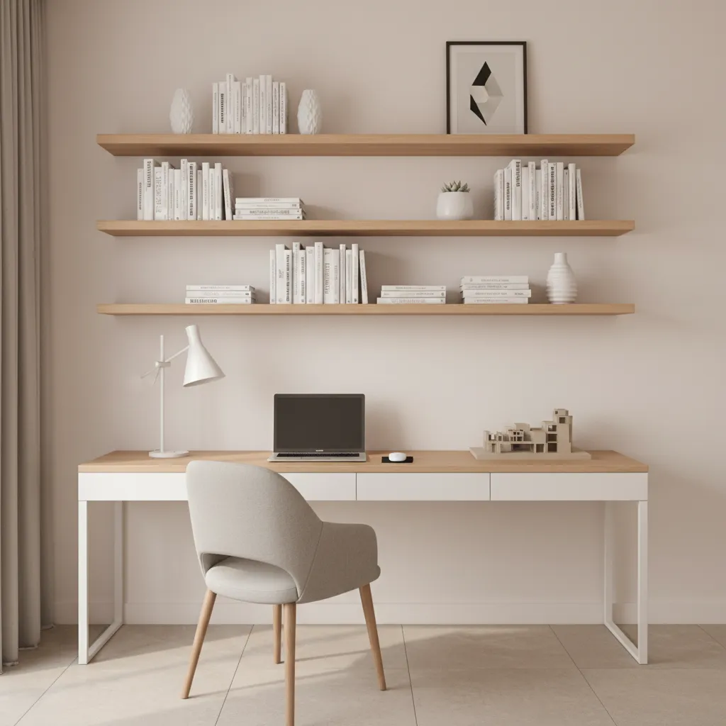 home office with floating shelves and organized storage
