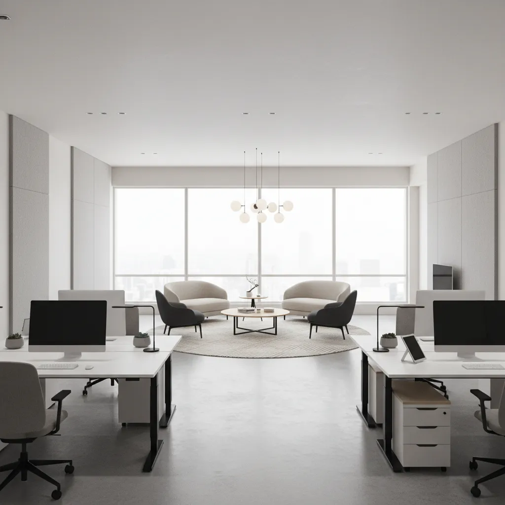 office workspace divided into focus desk zone and collaboration seating area