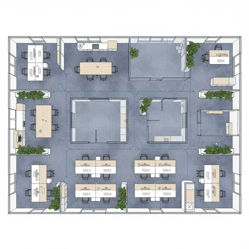 office circulation paths and workspace zones in layout planning software