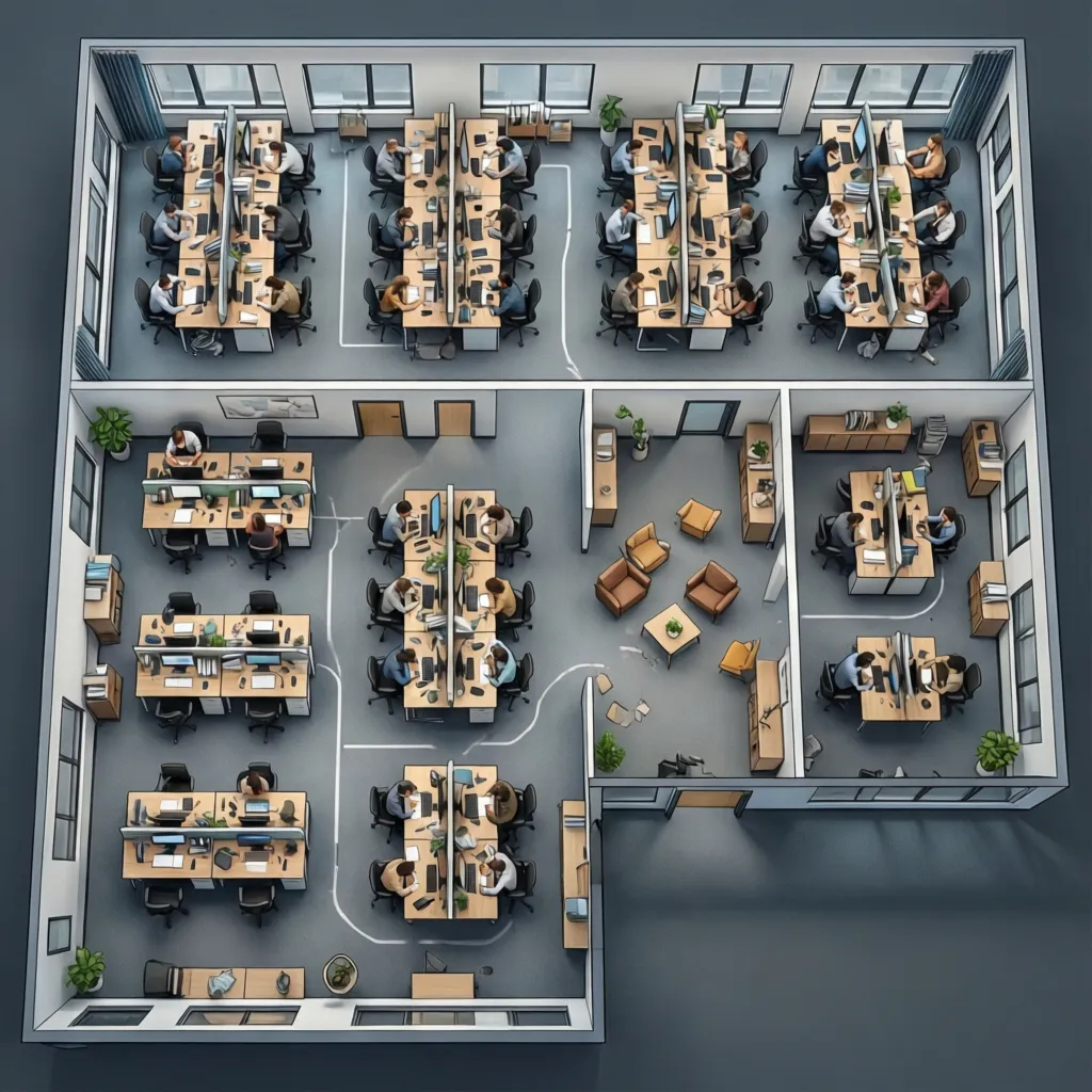 office layout showing workflow-based team clusters and circulation paths
