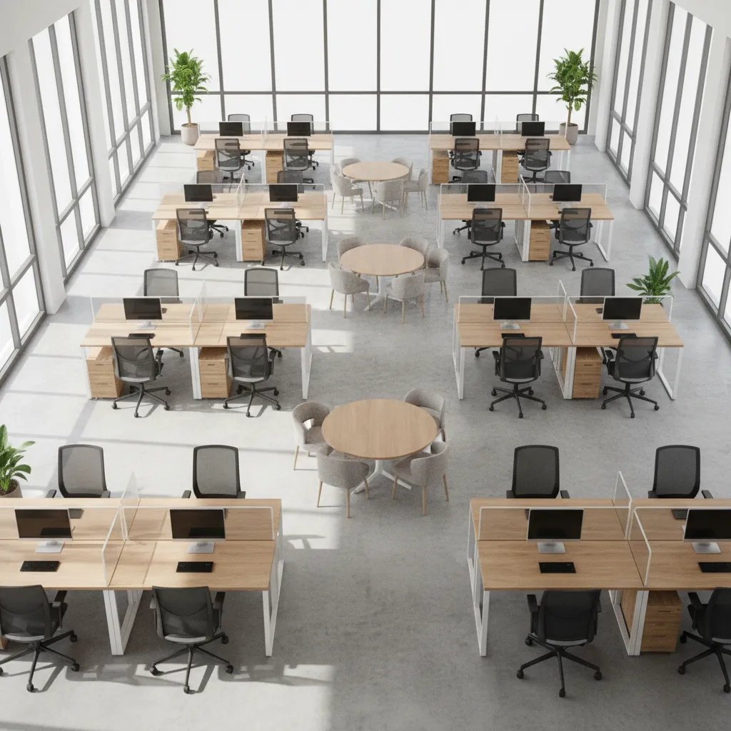 Optimized open office workstation layout with clear walkways and desk arrangement