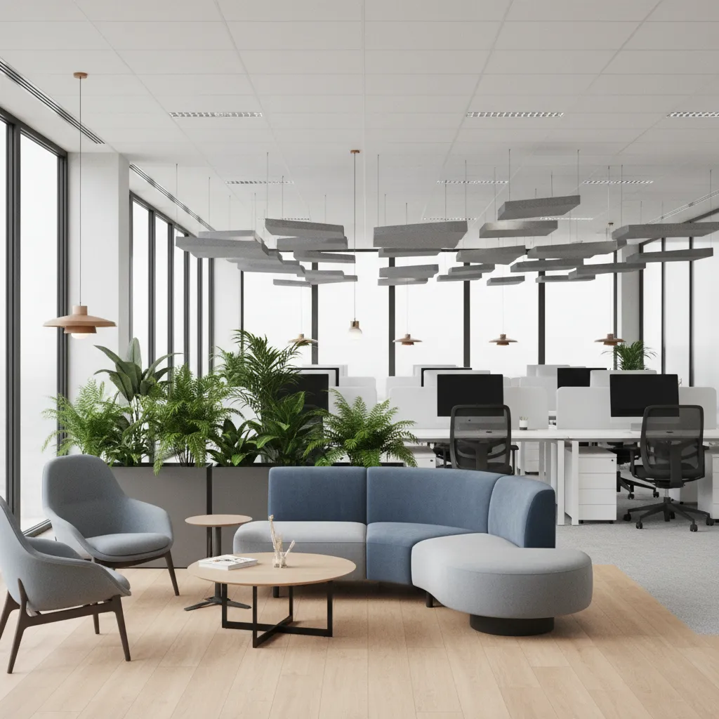 open office zoning layout with collaboration area and focused workstations