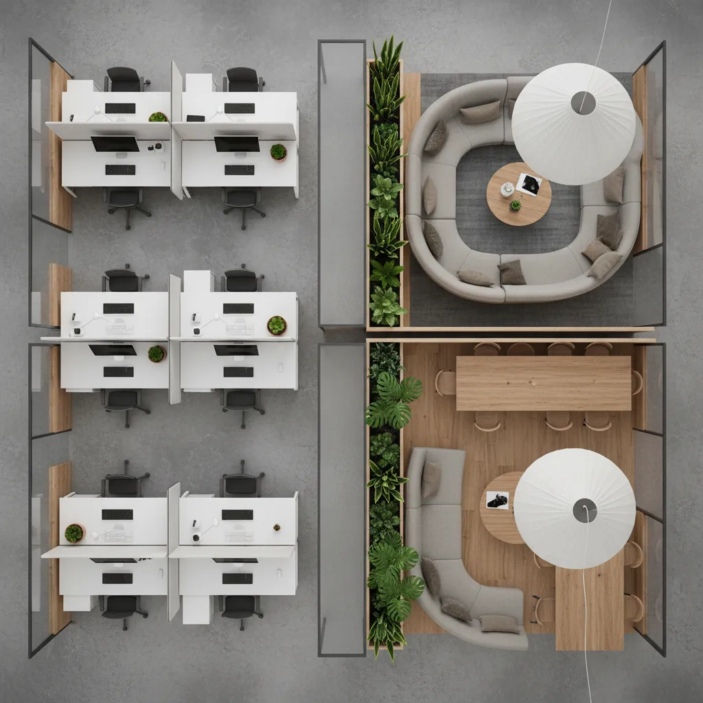 Landscape office zoning with quiet work area and collaboration spaces