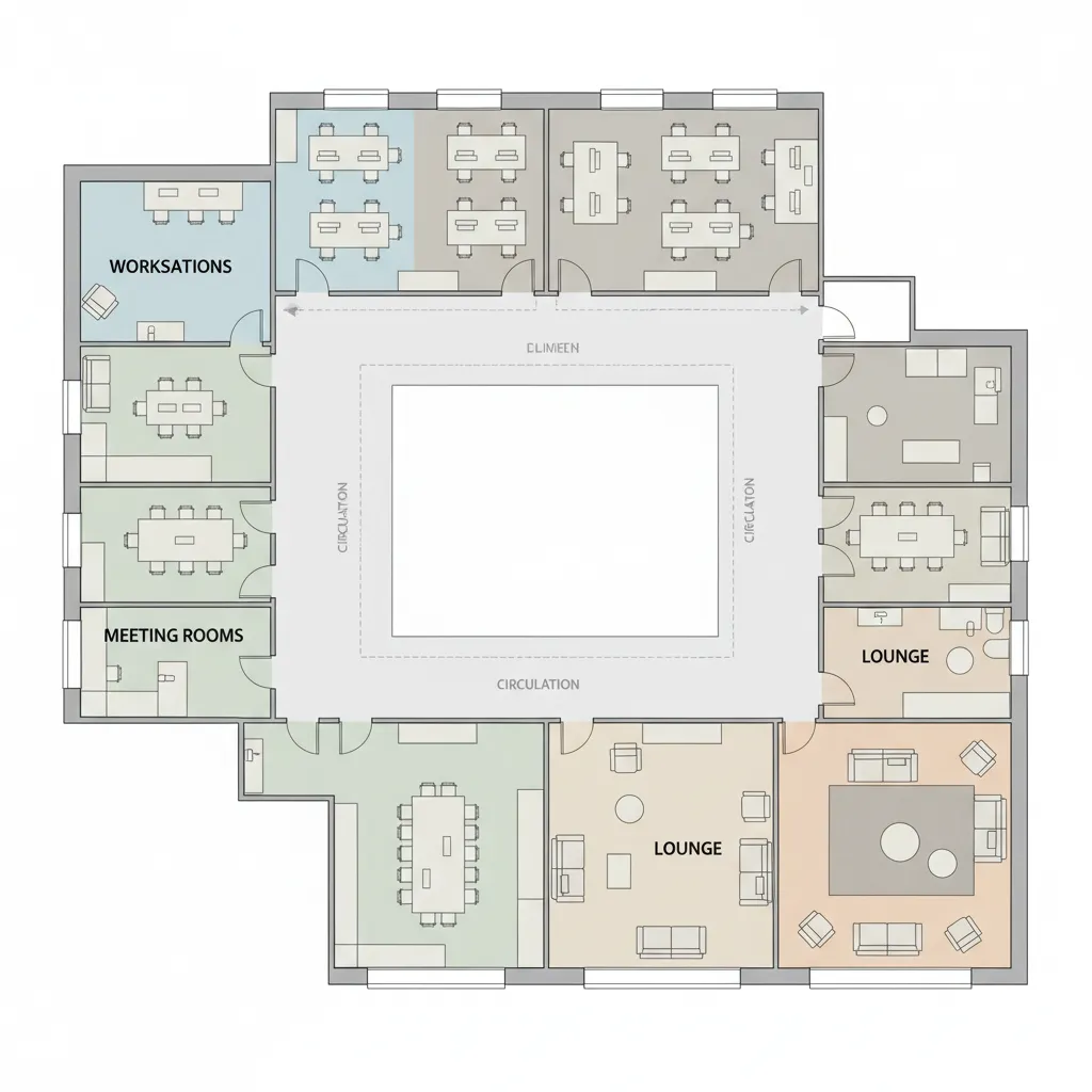 Office zoning layout showing workstations meeting rooms and circulation paths
