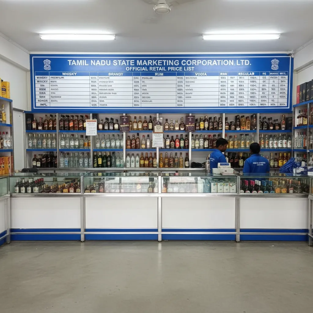 Liquor store price board showing official alcohol prices inside TASMAC store