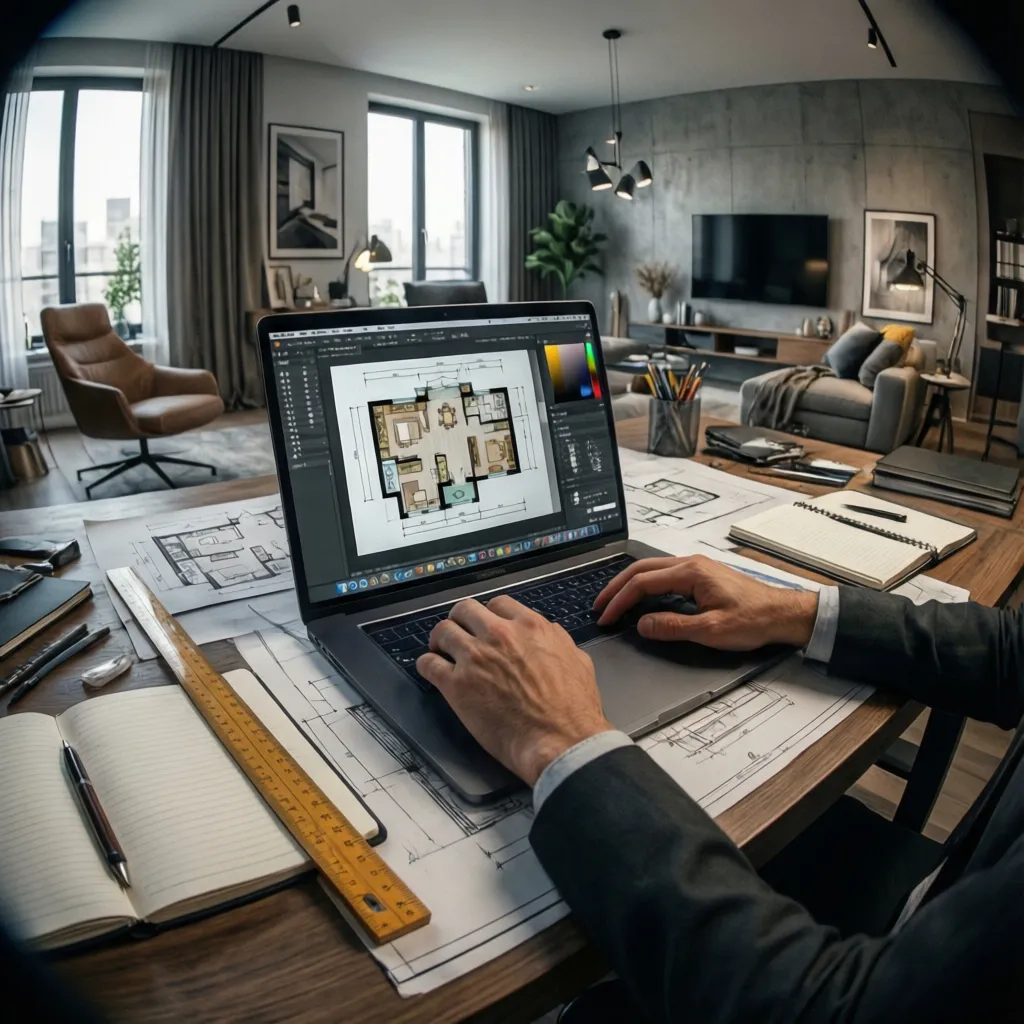 interior designer creating floor plan on laptop with sketches and measurements