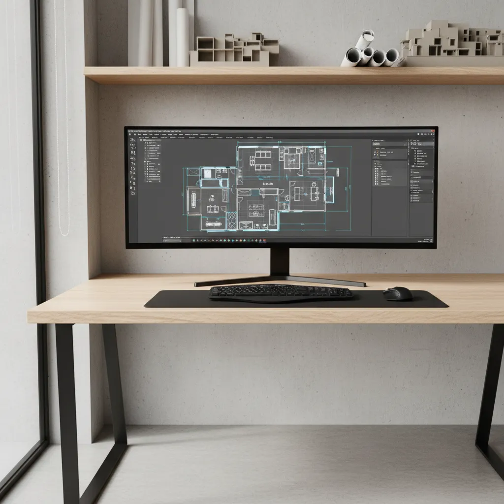 desktop computer running offline floor plan design software with architectural layout