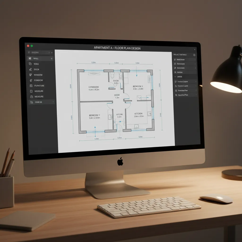 offline floor plan software interface showing apartment layout with measurements
