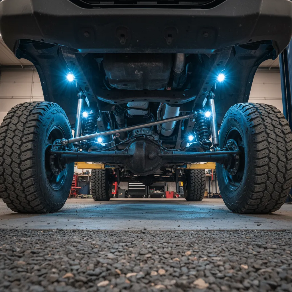 Off-road vehicle with LED rock lights mounted under wheel wells and frame rails