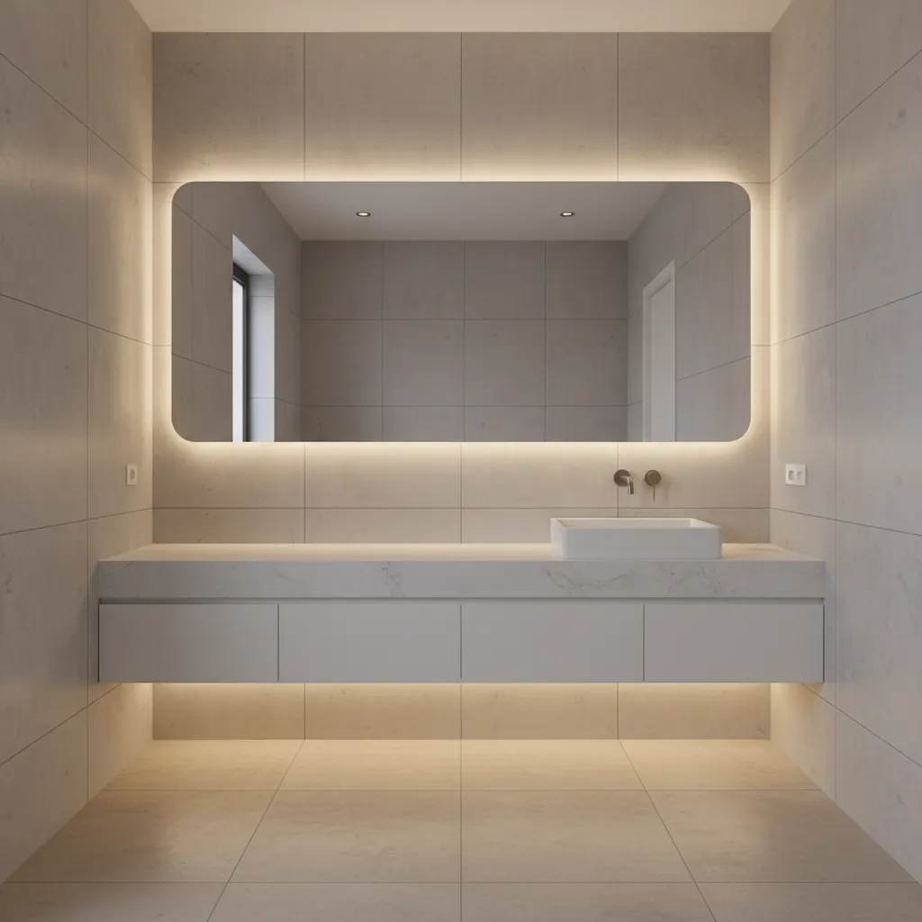 bathroom with right offset vanity and large counter space on one side