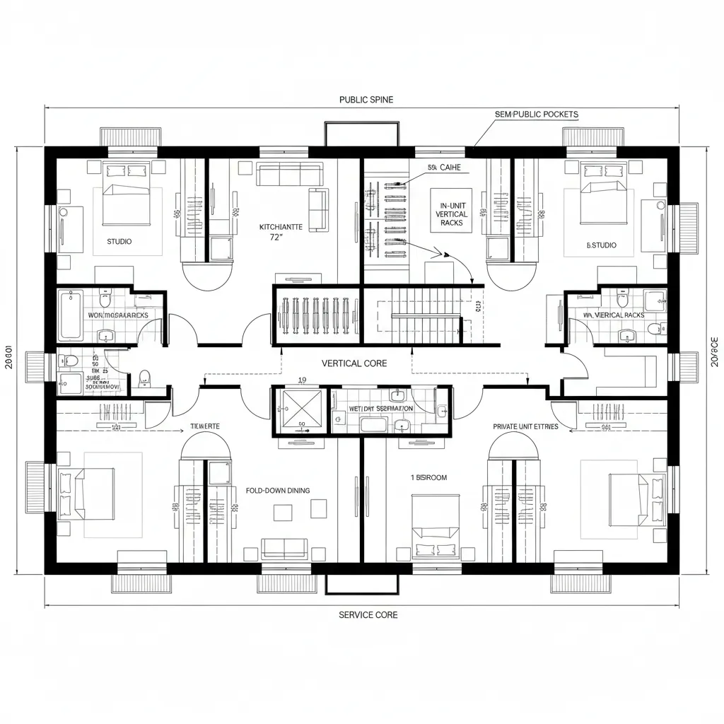Top-down CAD plan showing staggered corridor with offset pockets and mixed unit types