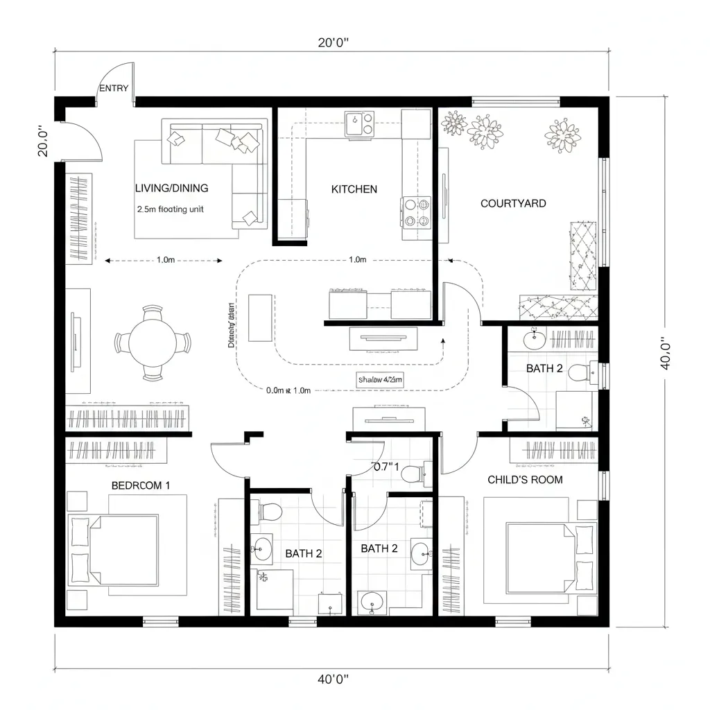 Top-down CAD plan of a 20x40 home with an offset micro-courtyard and continuous loop circulation