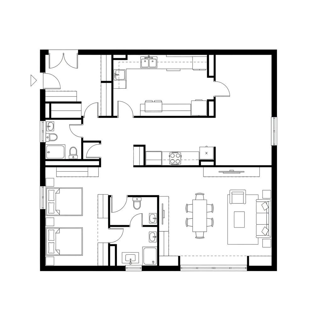 Modern apartment floor plan design featuring open living area dining table kitchen and two small bedrooms