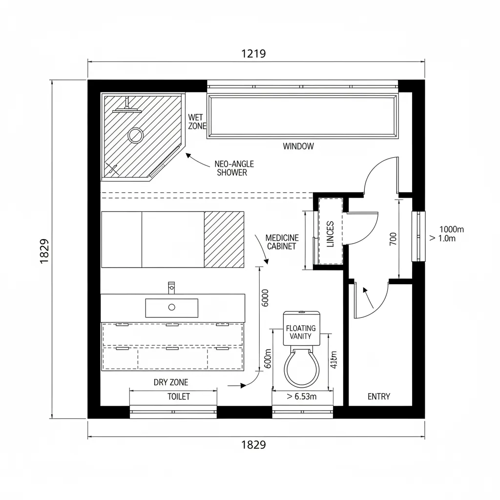 Small bathroom floor plan layout featuring a corner shower toilet sink window and entry door