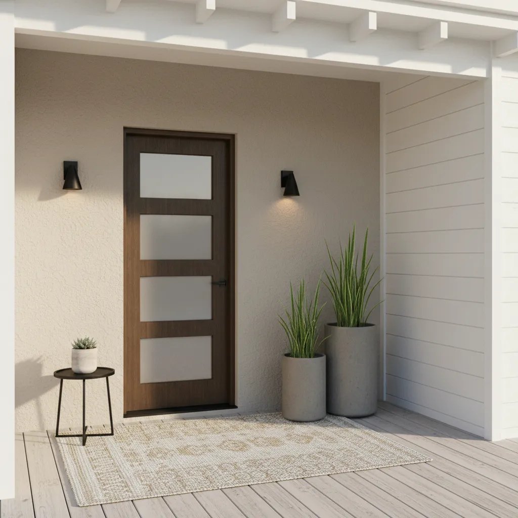front porch with off center door and balanced planter arrangement
