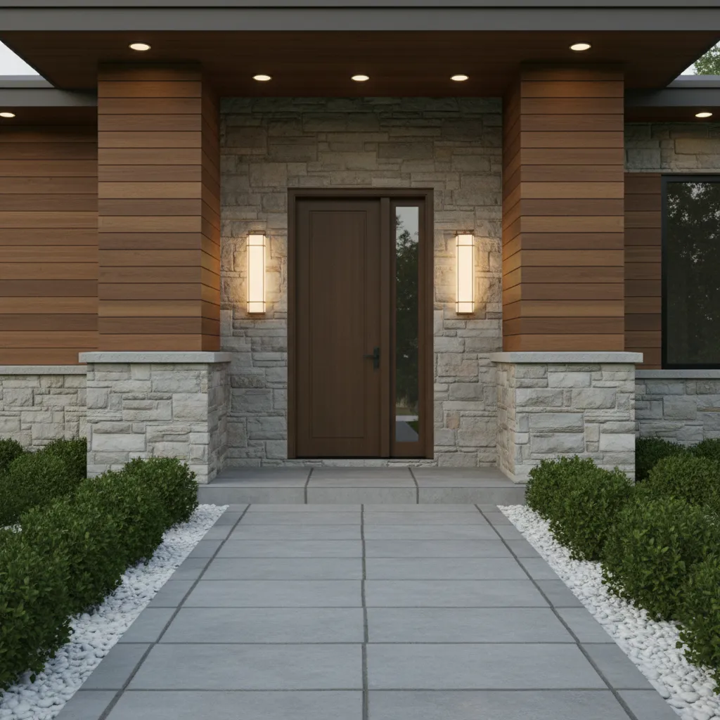 front porch design framing an off center front door with lighting and columns