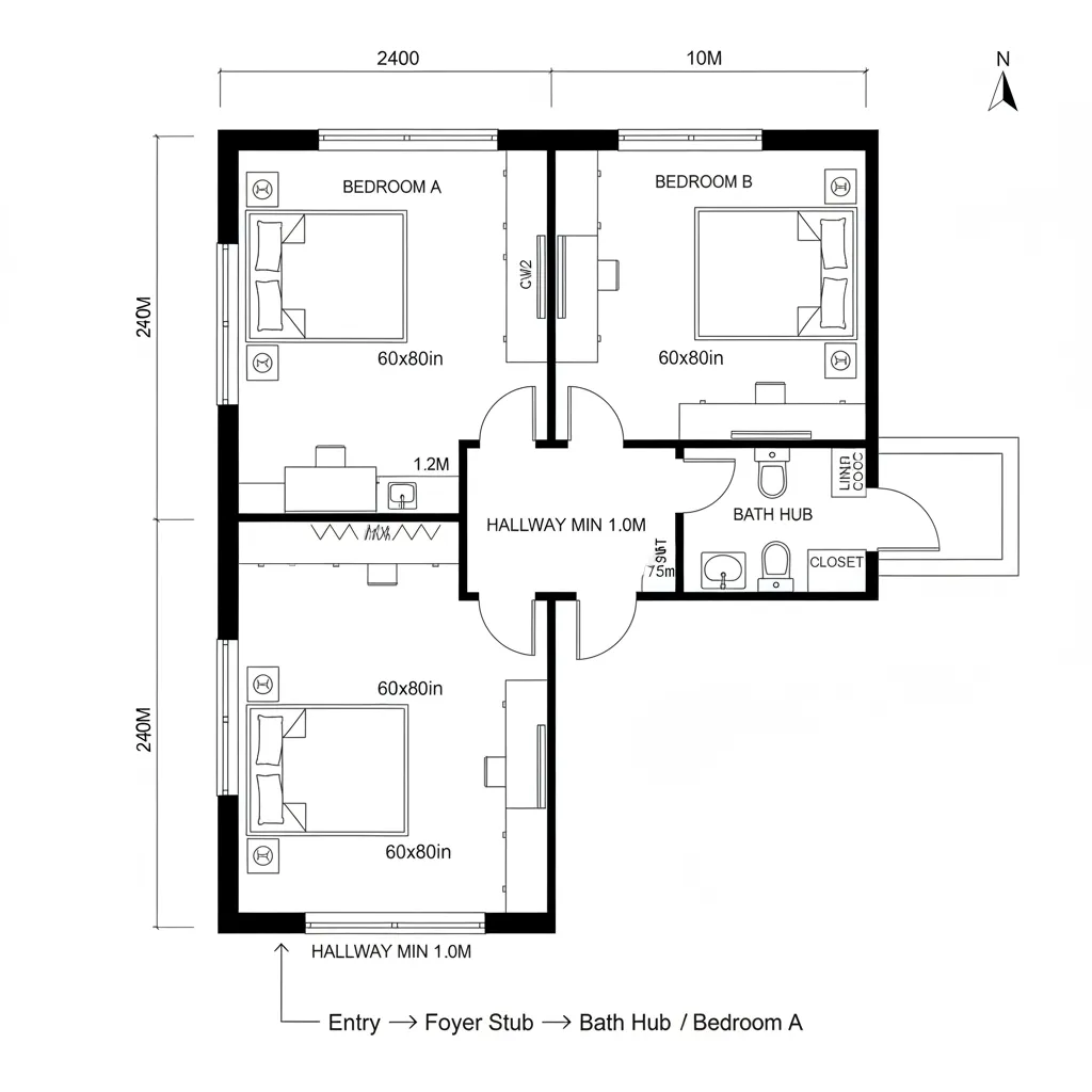Professional 2D floor plan showing two bedrooms with beds a central hallway and a bathroom