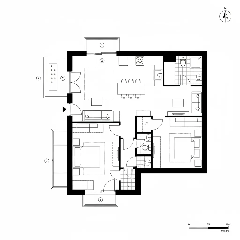 Minimalist floor plan for two bedroom apartment with open kitchen dining room and balcony areas