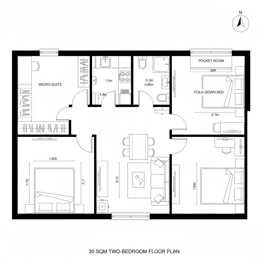 Detailed small apartment floor plan featuring two bedrooms living room kitchen bathroom and furniture layout design