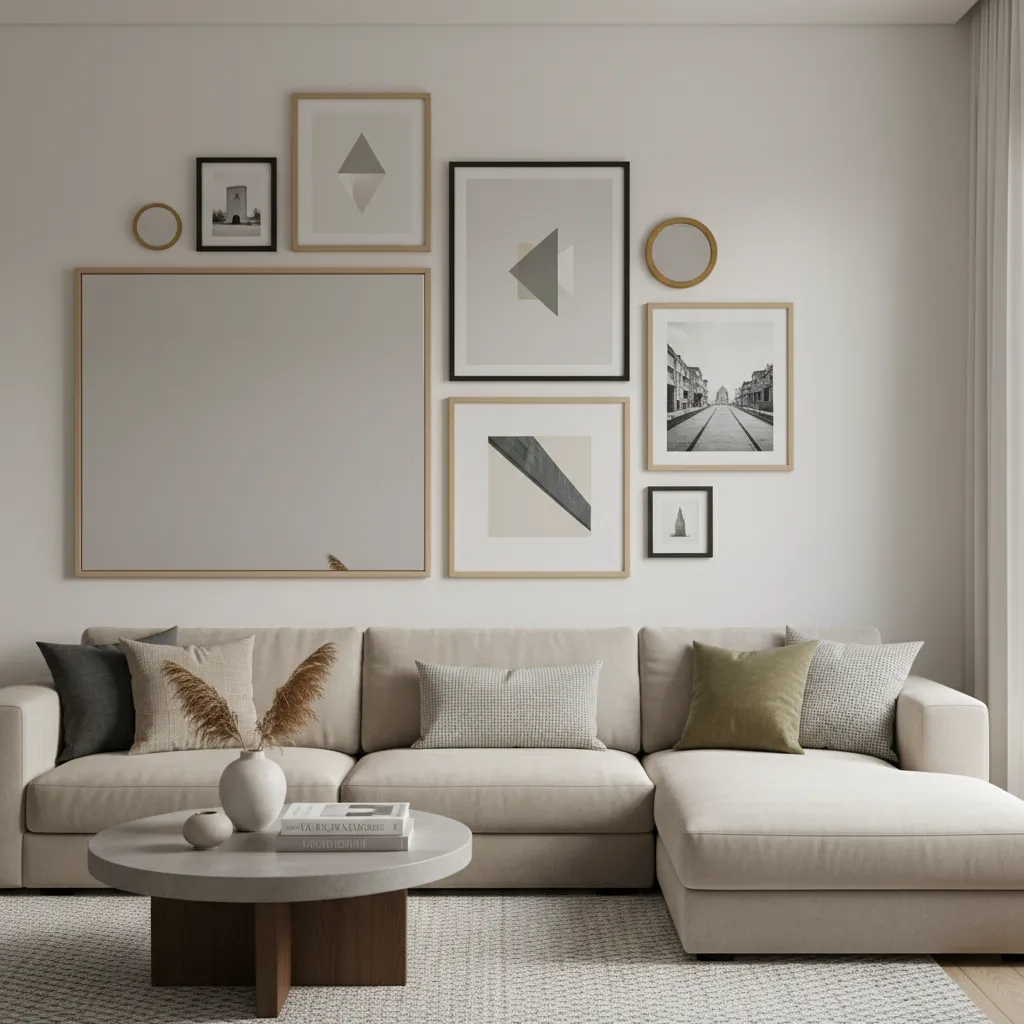 Asymmetrical offset wall art arrangement around mirror