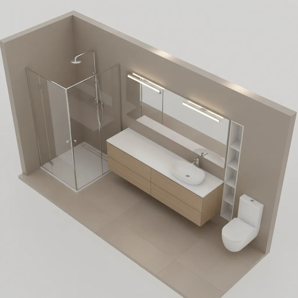 Diagram style comparison of left offset vs right offset bathroom vanity layouts