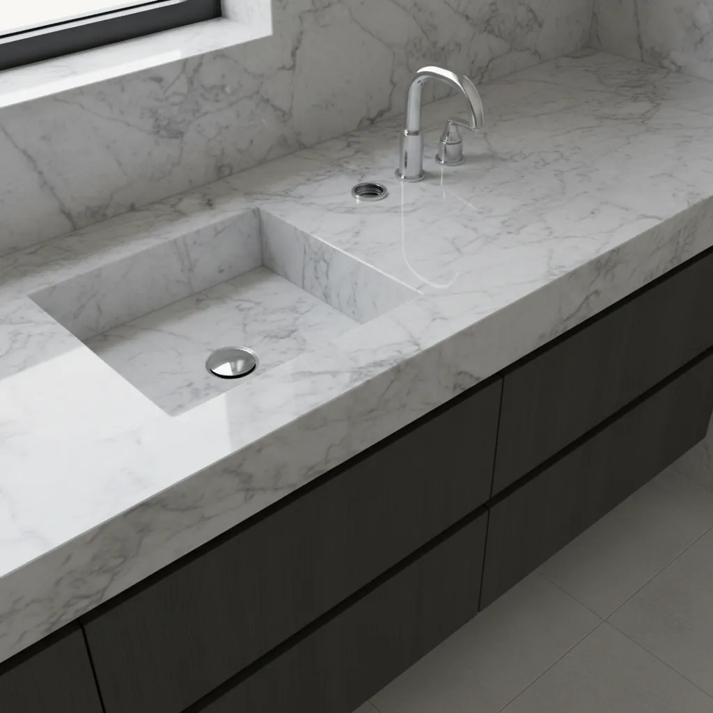 stone countertop with offset sink cutout and faucet alignment