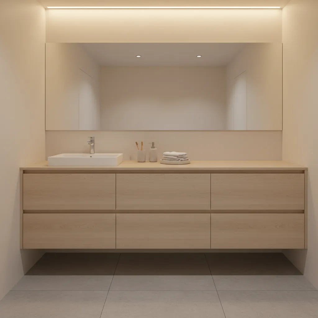 Offset bathroom vanity with organized grooming counter area