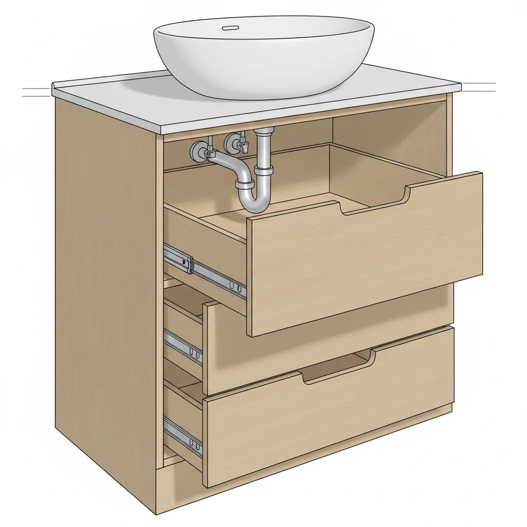 bathroom vanity cabinet interior showing plumbing conflict with offset sink