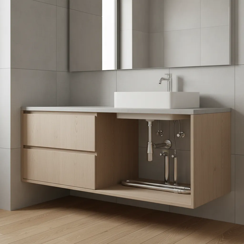 Bathroom vanity with right offset sink showing plumbing alignment beneath cabinet