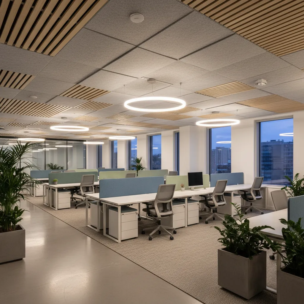 Modern open office interior with white desks blue privacy screens ring ceiling lights and plants