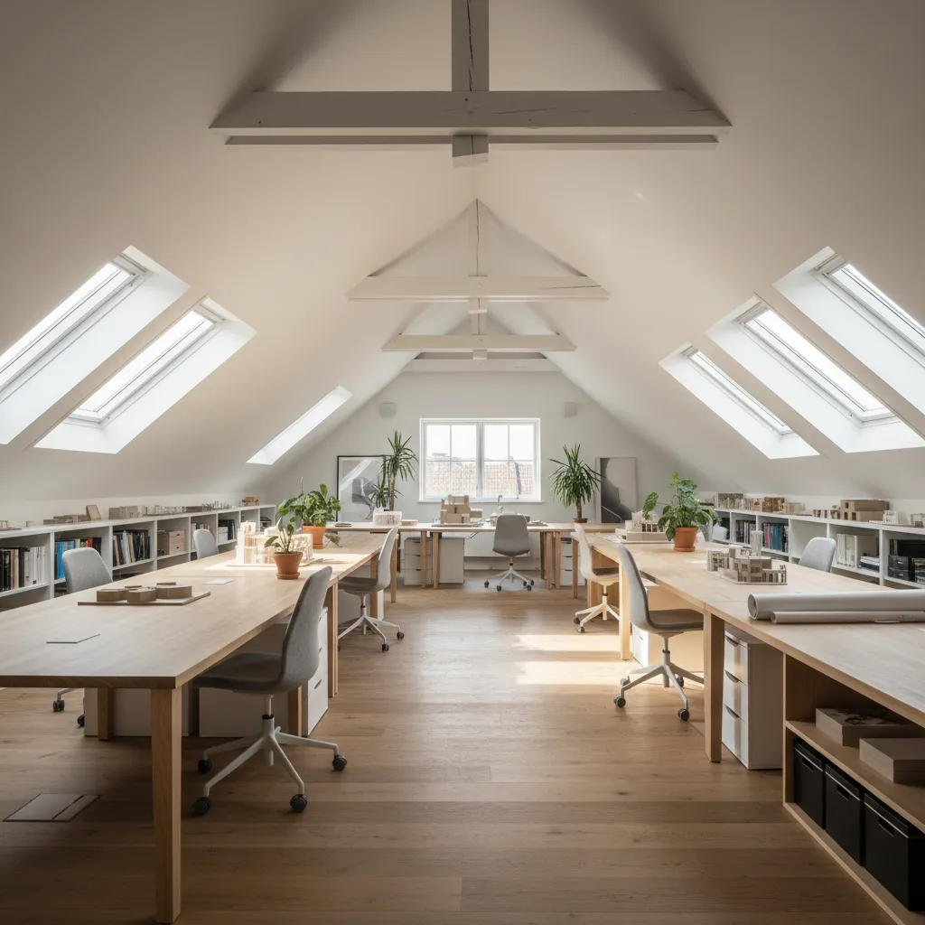Estudio creativo en ático con techo inclinado y espacio de trabajo abierto