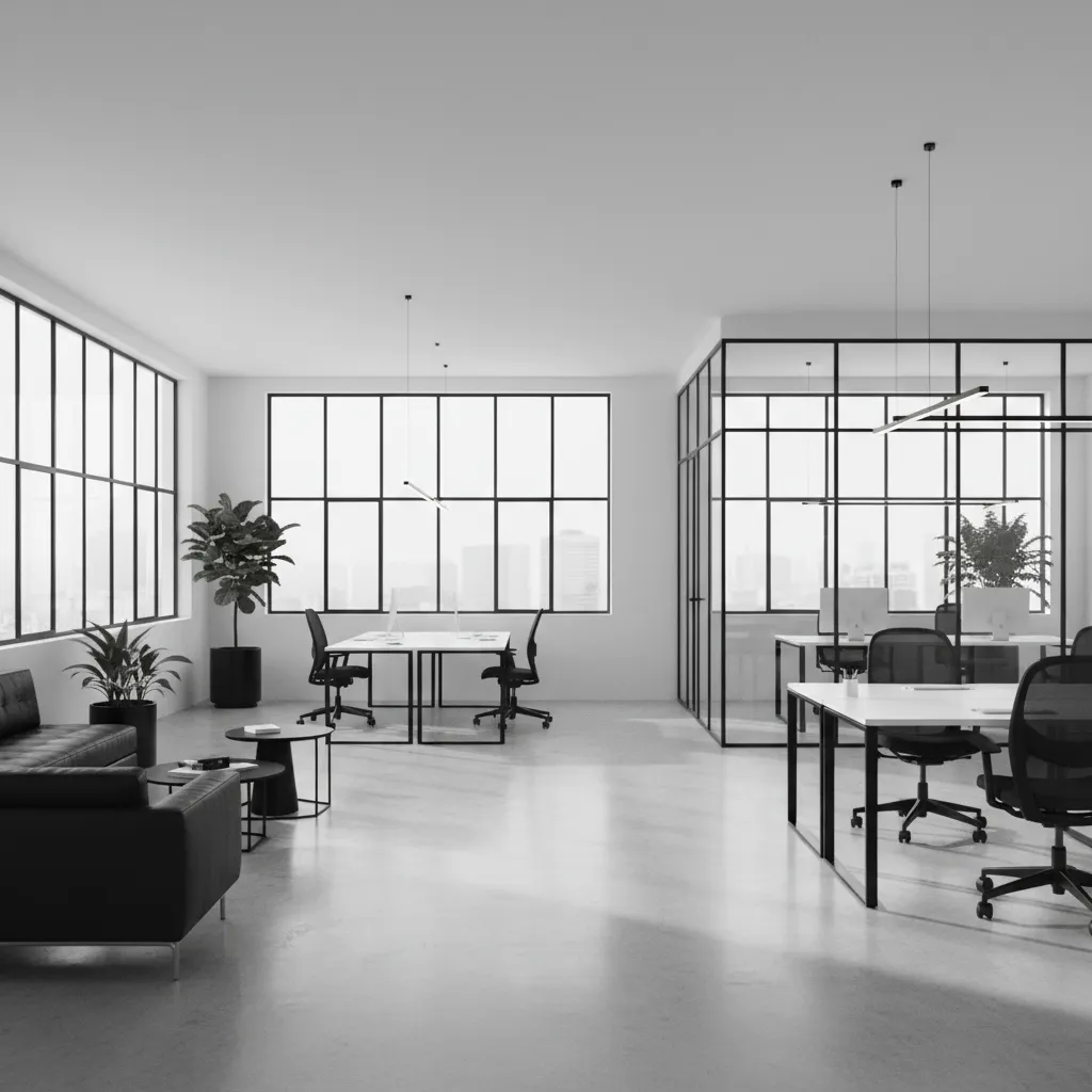 Modern black and white open office with large windows white desks sofa and green plants