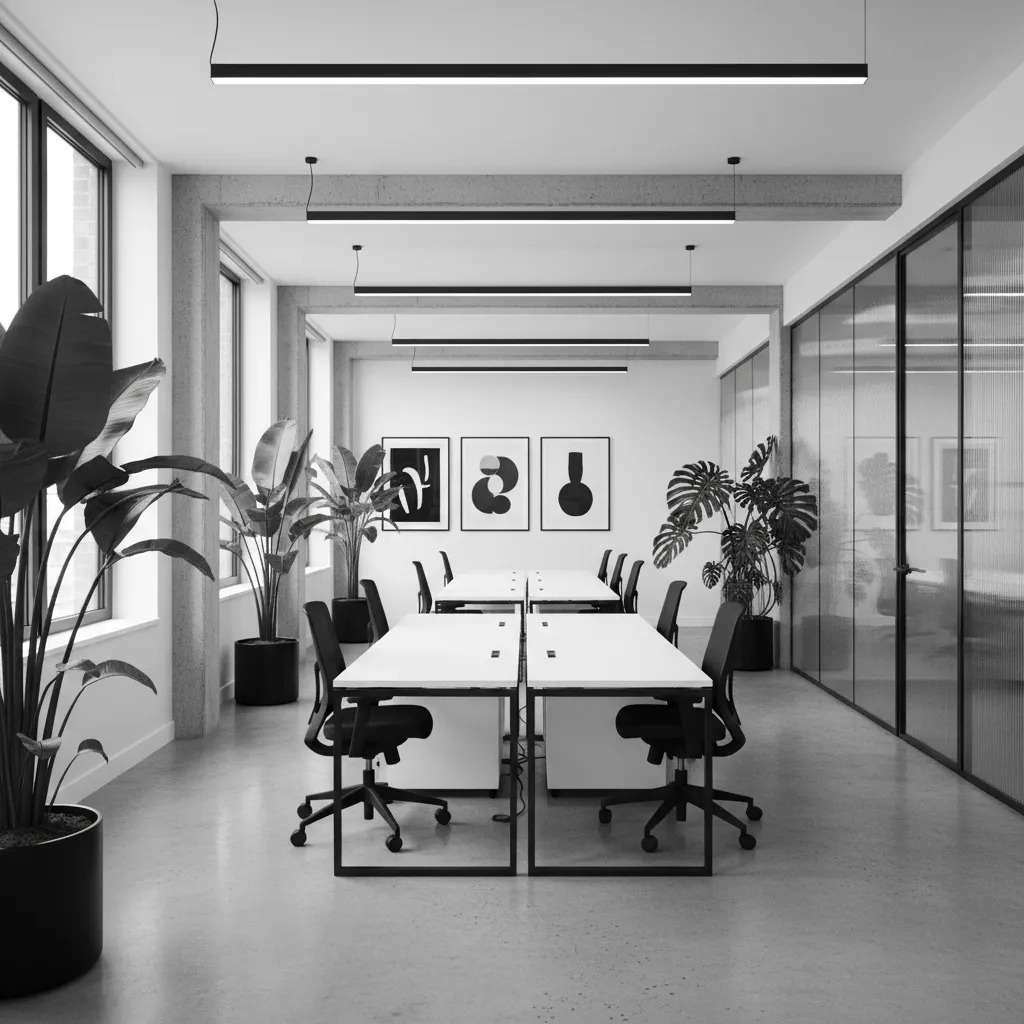 Modern black and white office layout with white desks, black chairs, large plants, ceiling lights