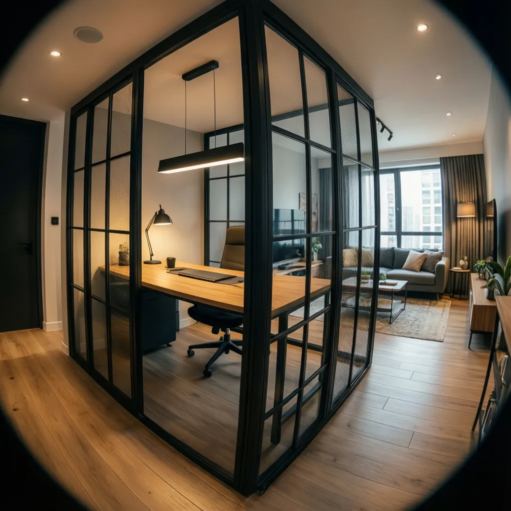 Despacho en casa separado con estructura industrial negra