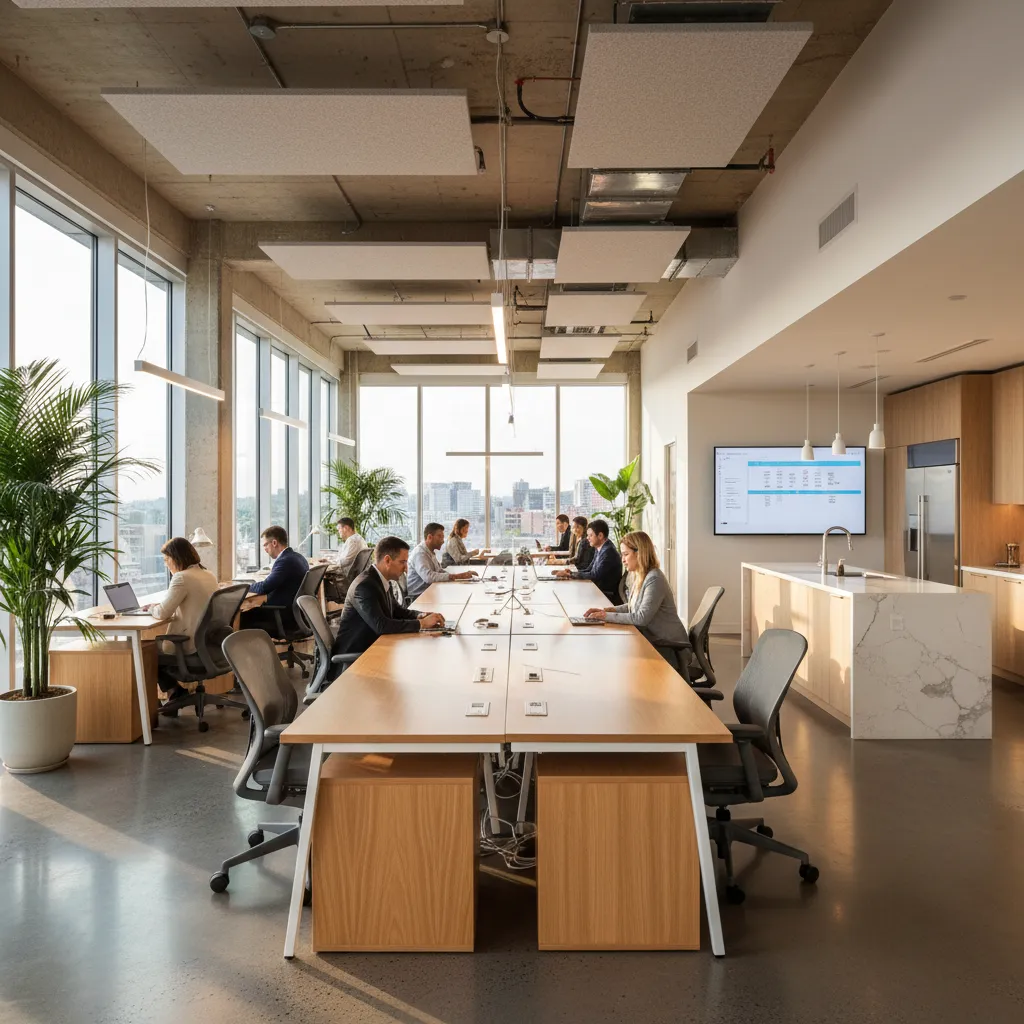 Espacio de oficina colaborativa con mesas compartidas y diseño moderno