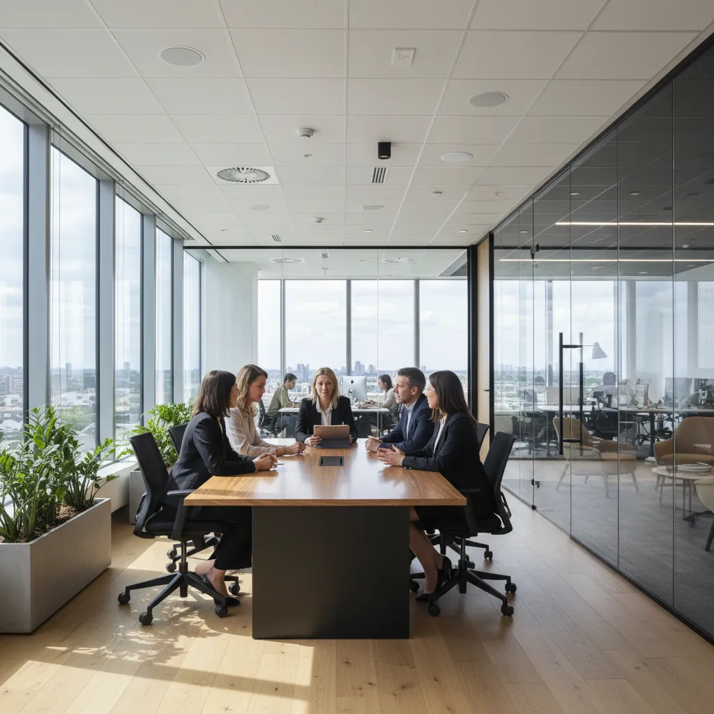 Five people in suits sitting at a wooden meeting table inside a modern glass office