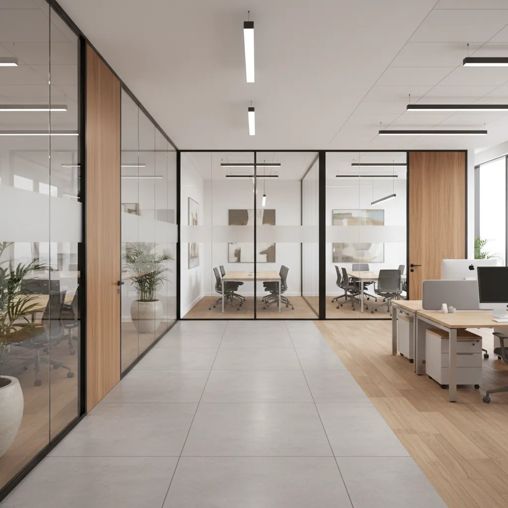 Interior de oficina corporativa elegante con salas de reunión de vidrio