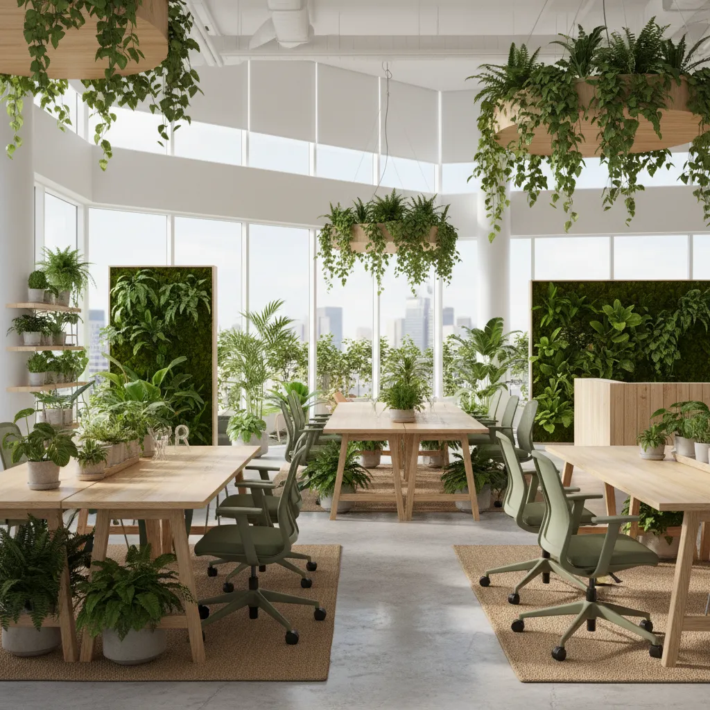 Oficina creativa con diseño biofílico y abundantes plantas