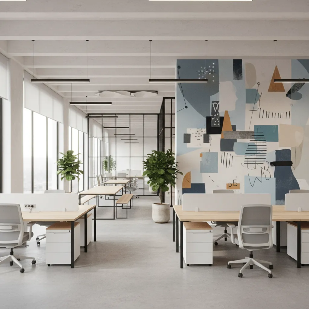 Oficina creativa con gráficos en paredes y diseño interior contemporáneo