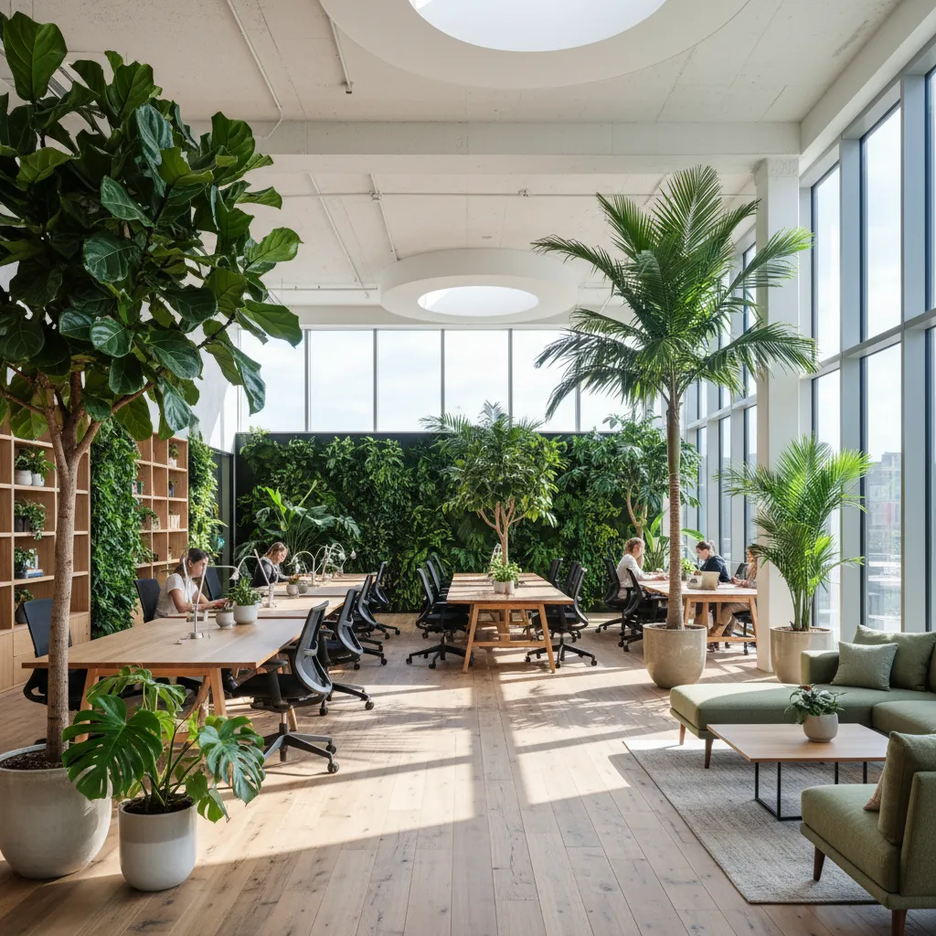 Modern office with many green plants wooden floors green wall and people working at desks