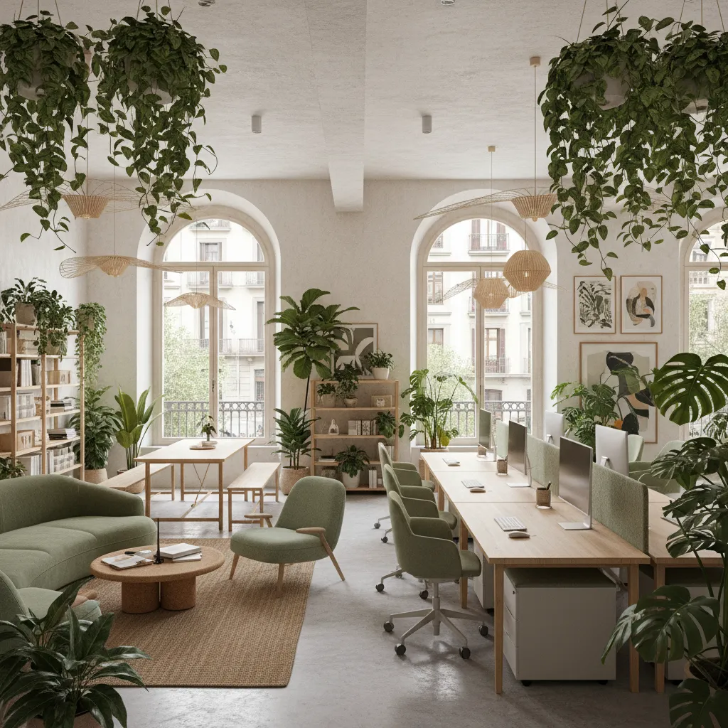 Oficina con diseño biofílico y plantas naturales