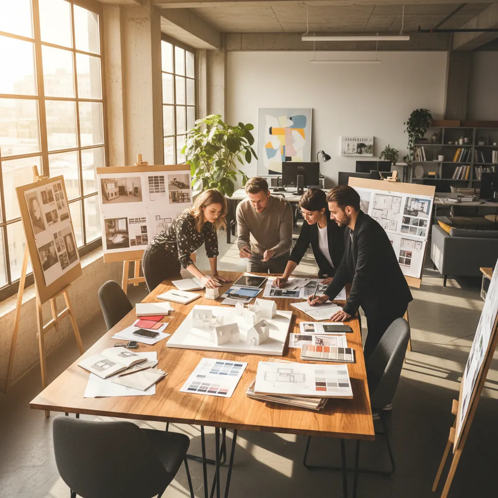 Four interior designers working around a table with a white house model and paper drawings