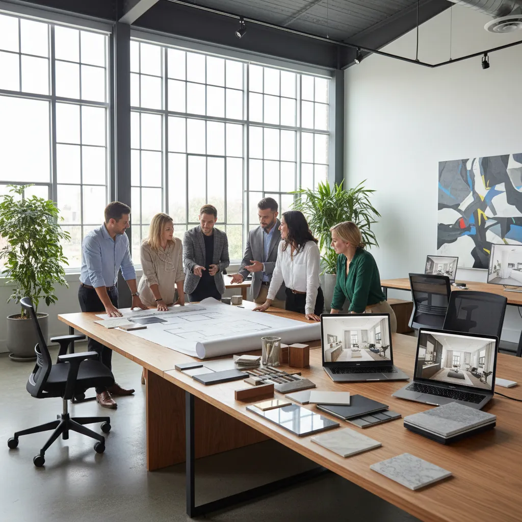 Interior design team discussing a large paper room layout plan inside a bright modern office