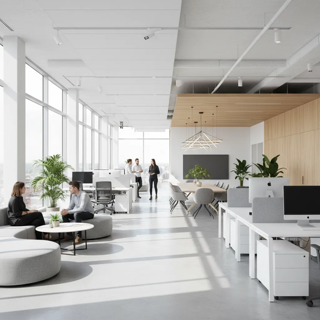 Oficina con distribución abierta y zonas de trabajo colaborativas