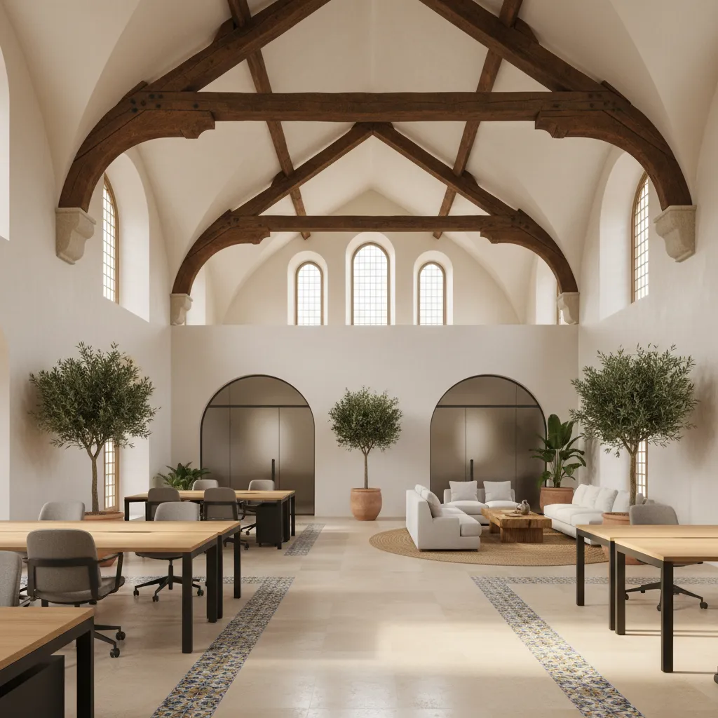 Oficina moderna dentro de un edificio antiguo con techos altos y vigas
