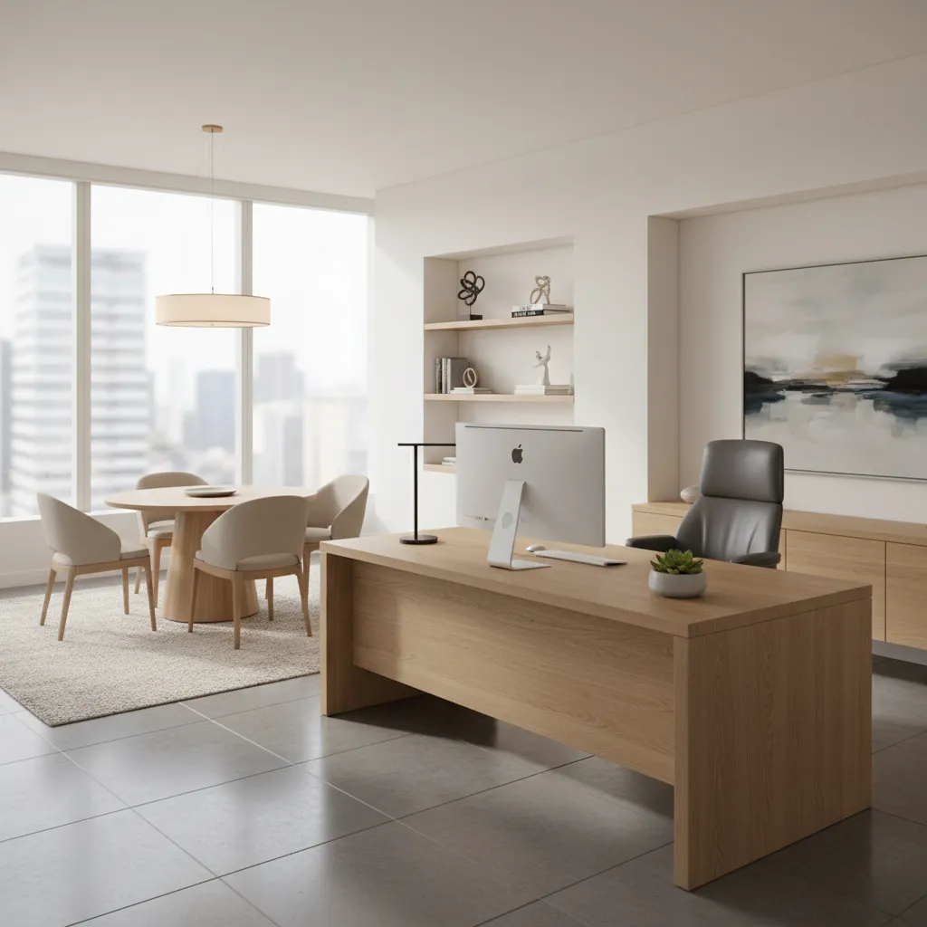 Oficina ejecutiva con escritorio central y zona de reunión