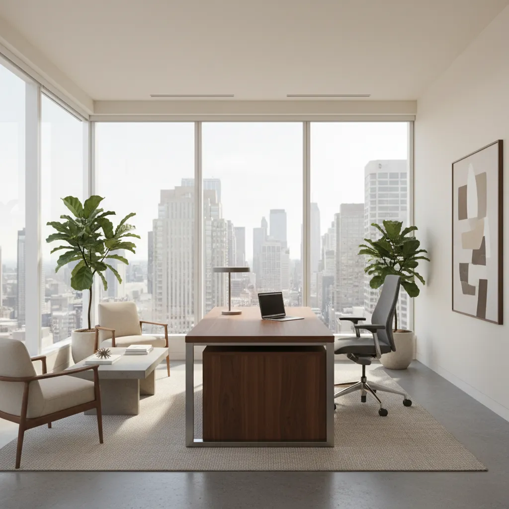 Despacho ejecutivo con grandes ventanales y luz natural